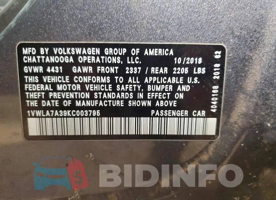 1VWLA7A39KC003795 Photo# 12