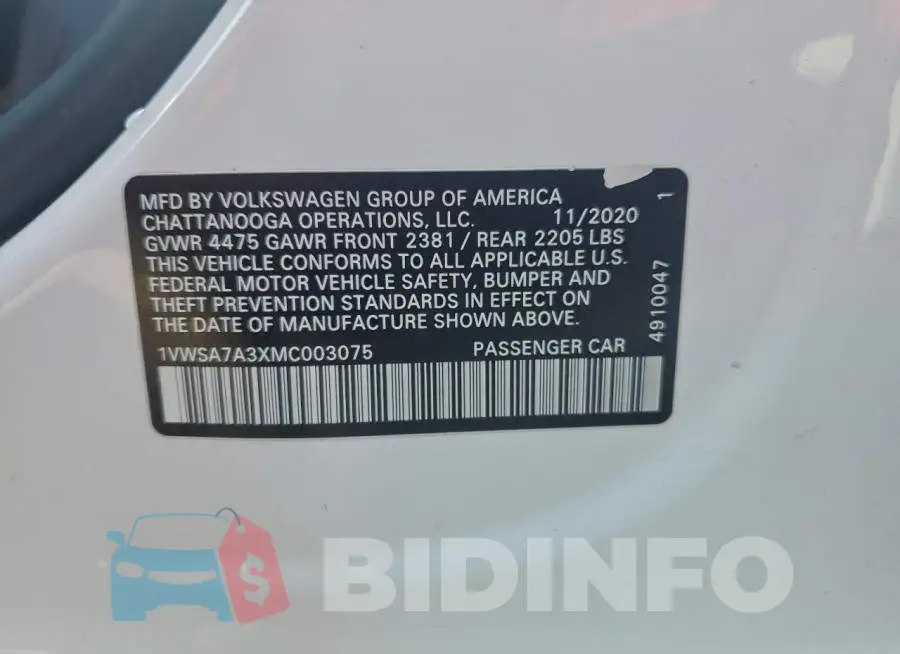 1VWSA7A3XMC003075 Photo# 12