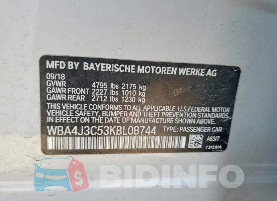WBA4J3C53KBL08744 Photo# 12