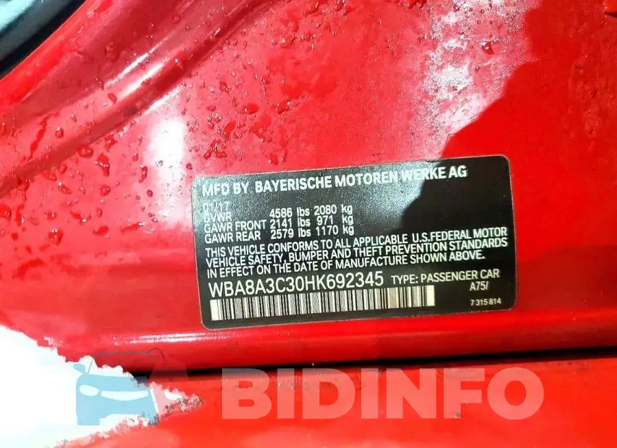 WBA8A3C30HK692345 Photo# 12