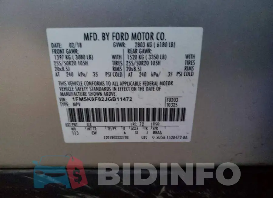1FM5K8F82JGB11472 Photo# 12