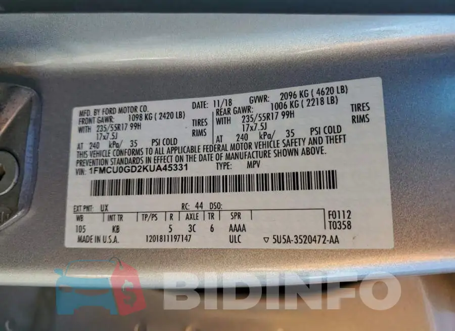 1FMCU0GD2KUA45331 Photo# 12