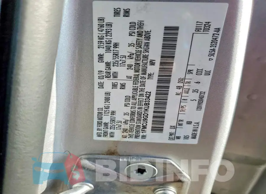1FMCU9GD1KUB33422 Photo# 12