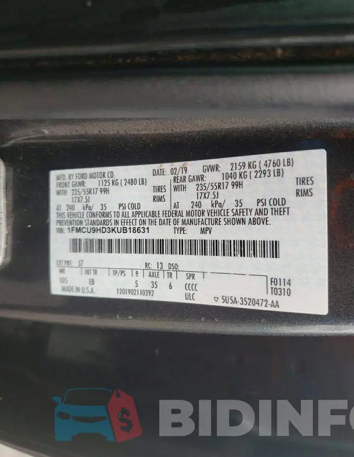 1FMCU9HD3KUB18631 Photo# 13