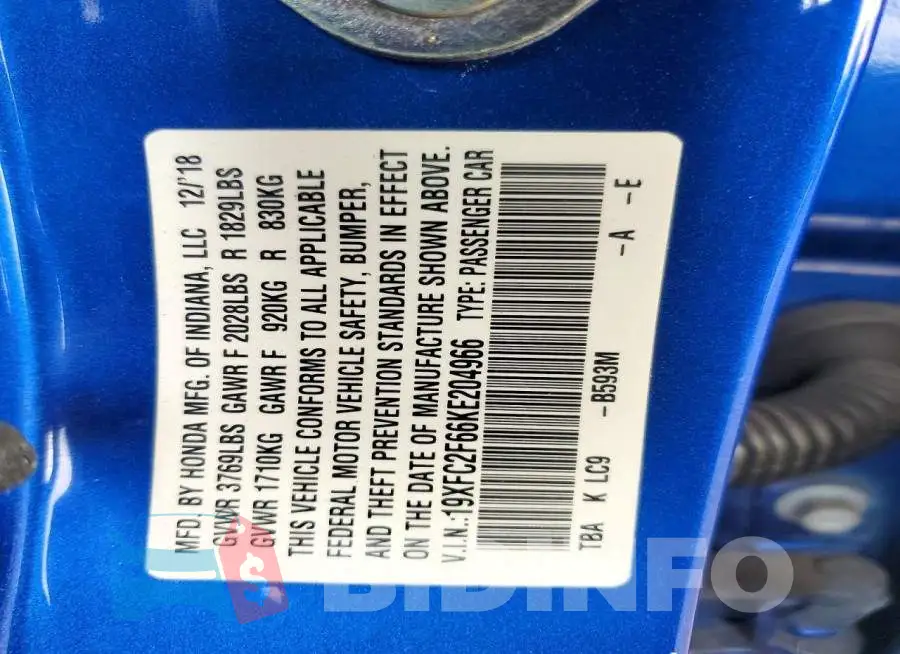 19XFC2F66KE204966 Photo# 12