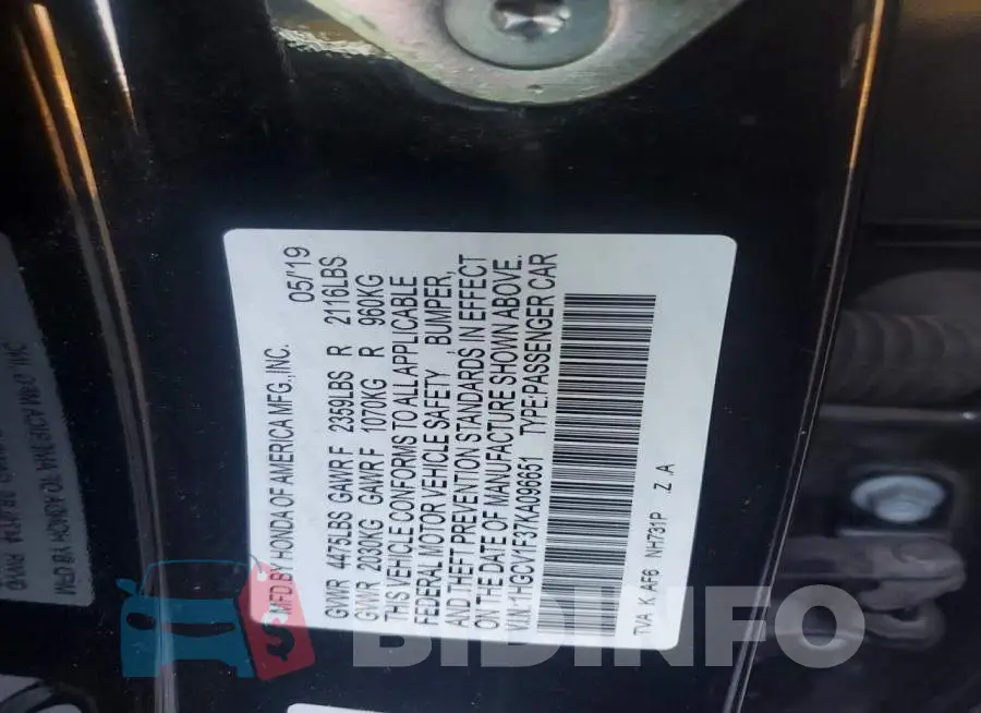1HGCV1F37KA096651 Photo# 12