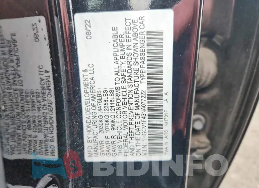 1HGCV1F43NA077222 Photo# 12