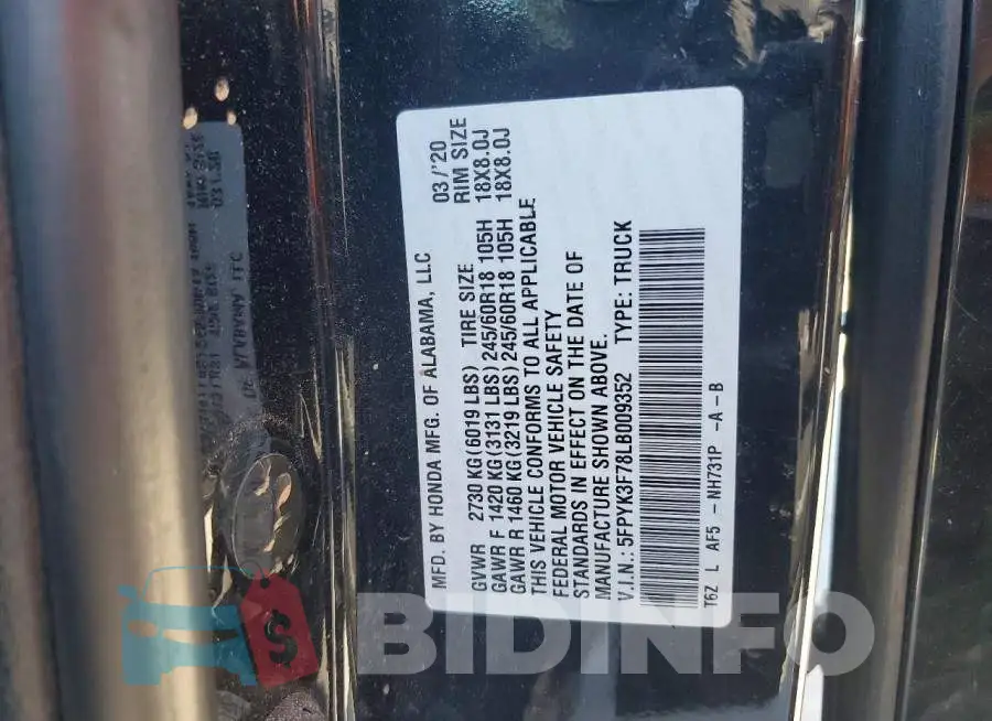 5FPYK3F78LB009352 Photo# 13
