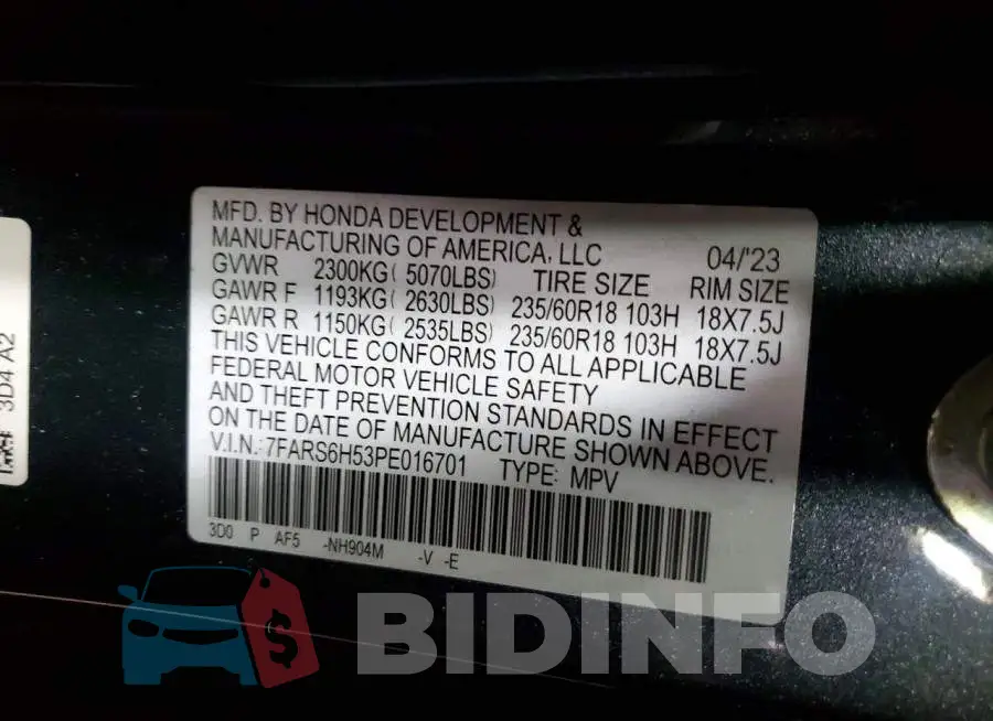 7FARS6H53PE016701 Photo# 11