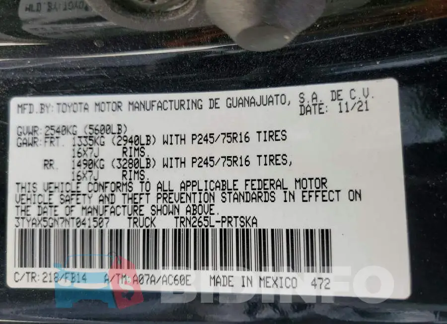 3TYAX5GN7NT041507 Photo# 12