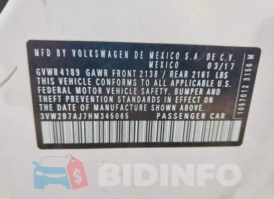 3VW2B7AJ7HM345065 Photo# 13