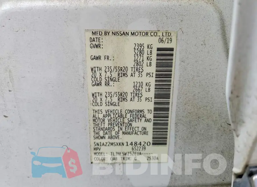 5N1AZ2MSXKN148420 Photo# 13