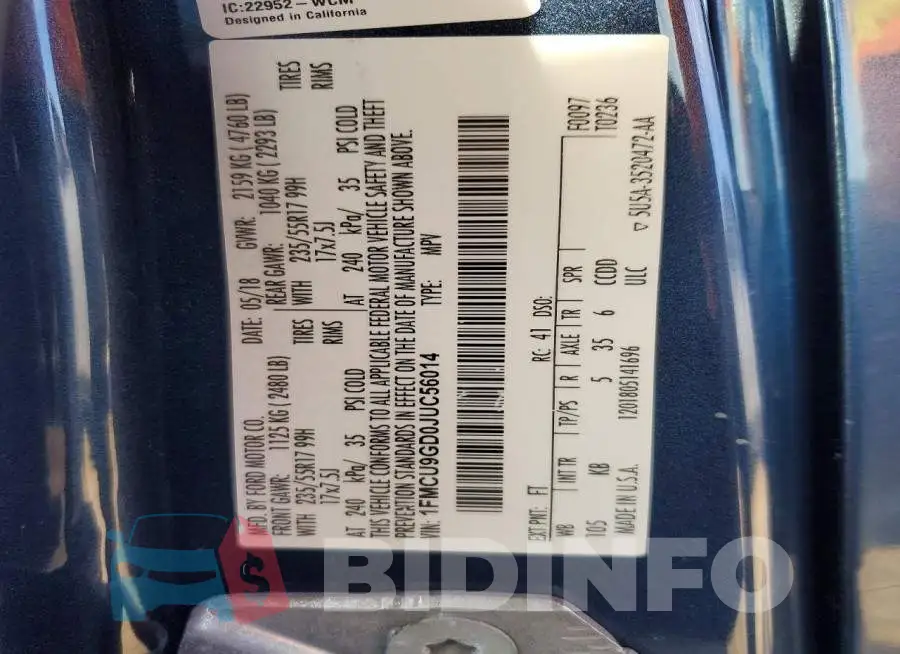 1FMCU9GD0JUC56014 Photo# 14