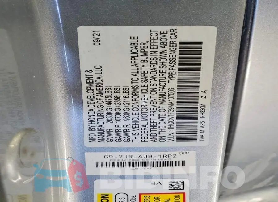 1HGCV1F39MA107006 Photo# 12