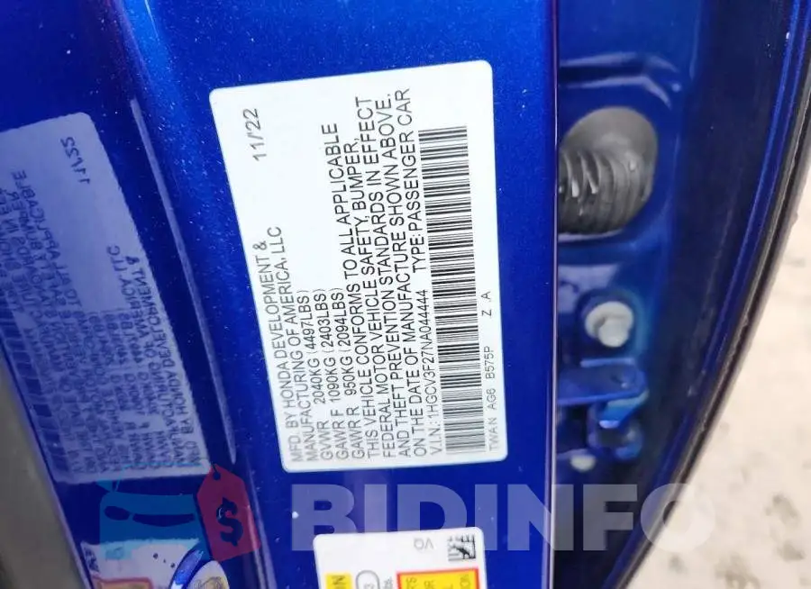 1HGCV3F27NA044444 Photo# 12