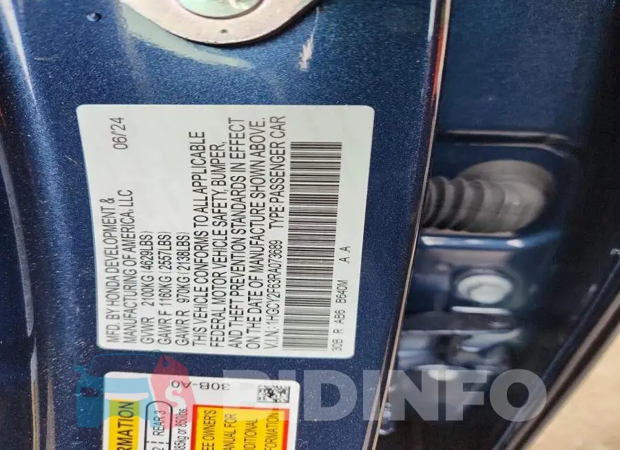 1HGCY2F63RA073689 Photo# 12