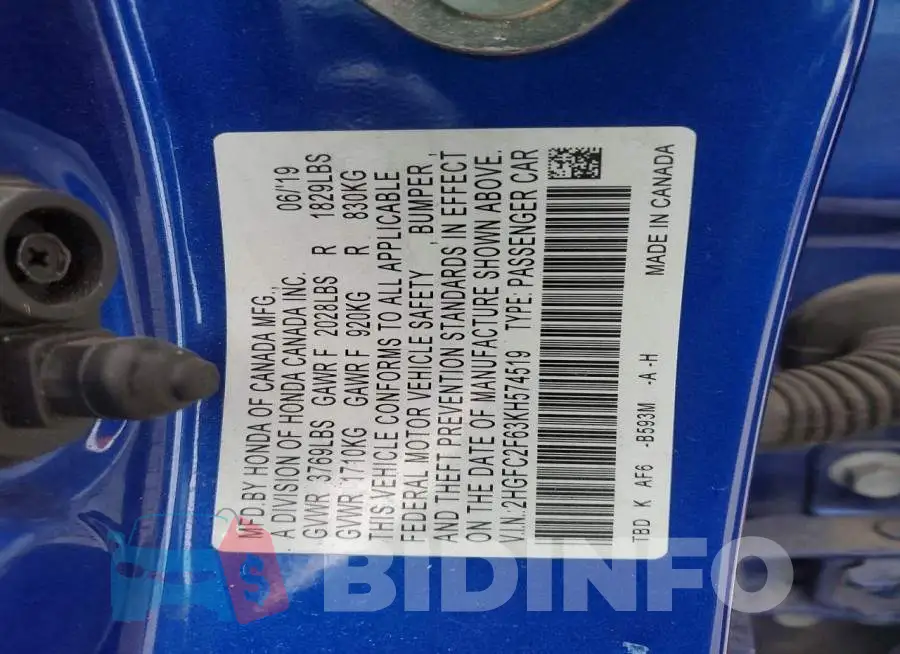 2HGFC2F63KH574519 Photo# 12