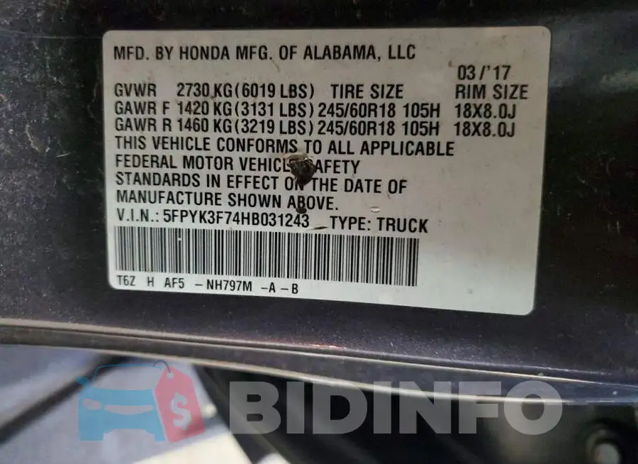 5FPYK3F74HB031243 Photo# 12