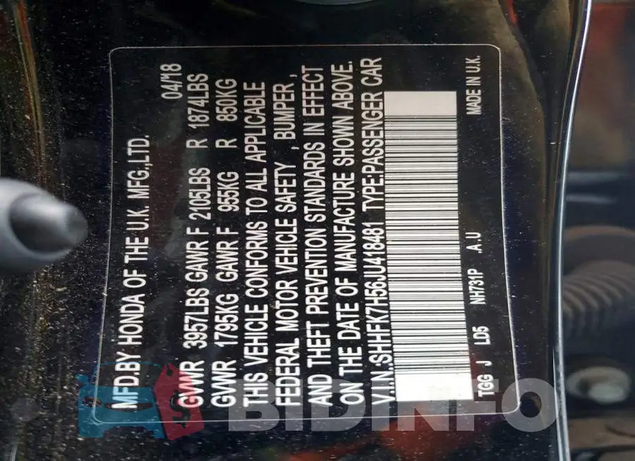 SHHFK7H56JU418481 Photo# 12