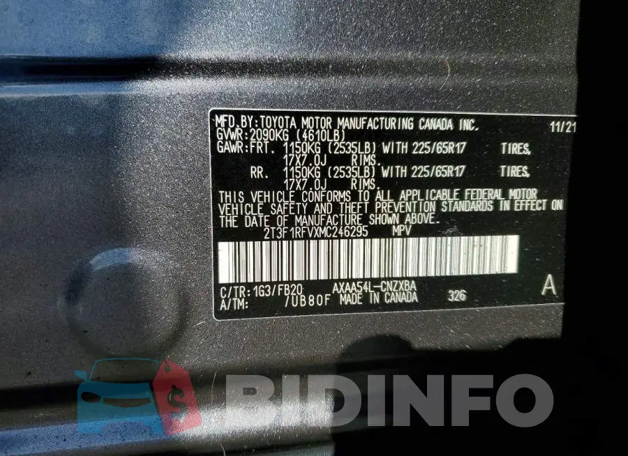 2T3F1RFVXMC246295 Photo# 13