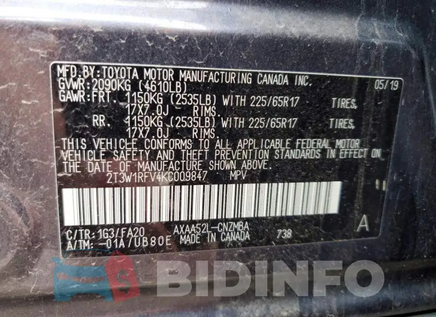 2T3W1RFV4KC009847 Photo# 13