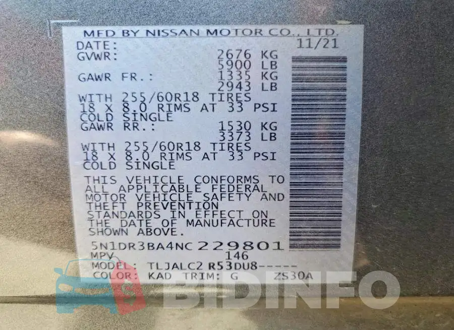 5N1DR3BA4NC229801 Photo# 14