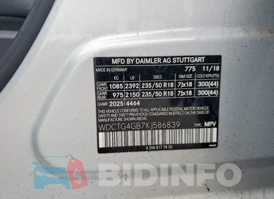 WDCTG4GB7KJ586839 Photo# 12