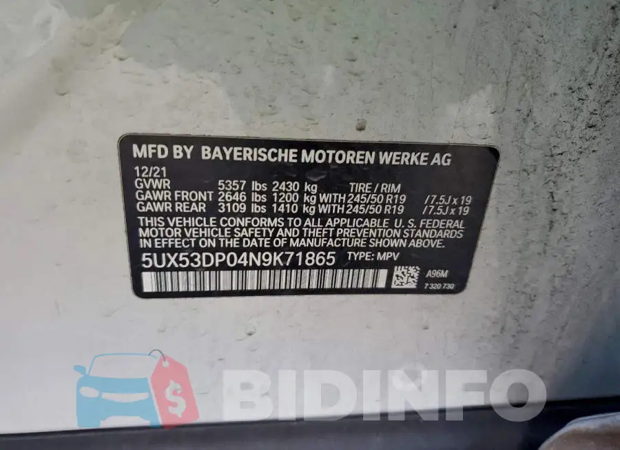 5UX53DP04N9K71865 Photo# 12