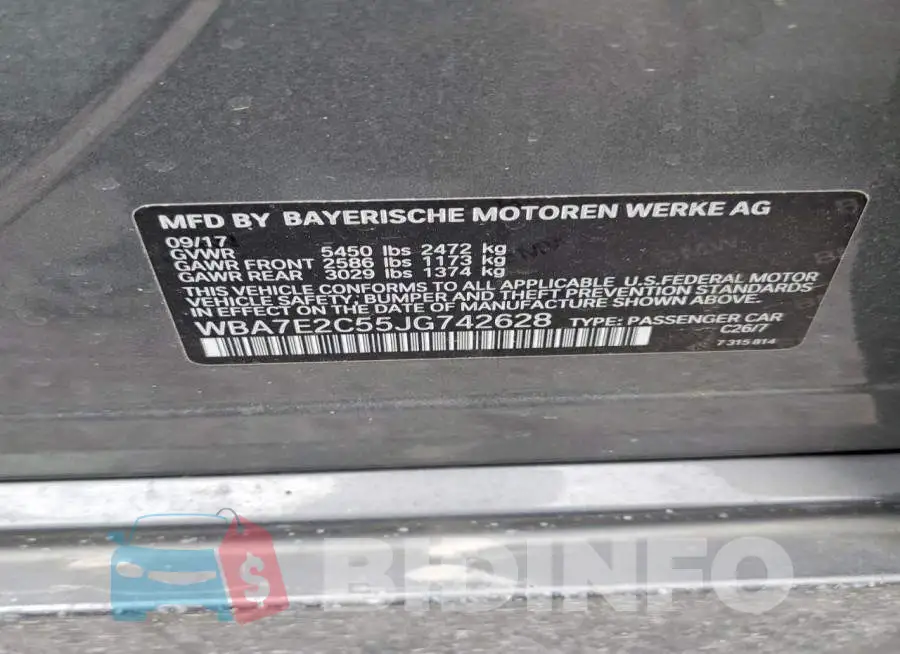 WBA7E2C55JG742628 Photo# 12