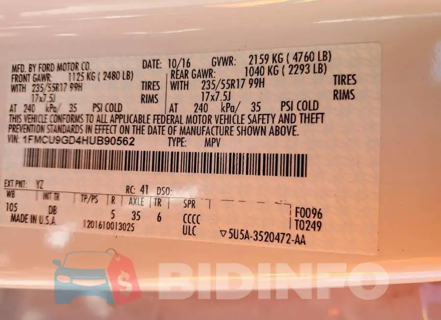 1FMCU9GD4HUB90562 Photo# 14