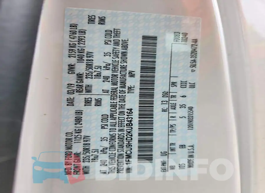 1FMCU9HD2KUB43164 Photo# 14