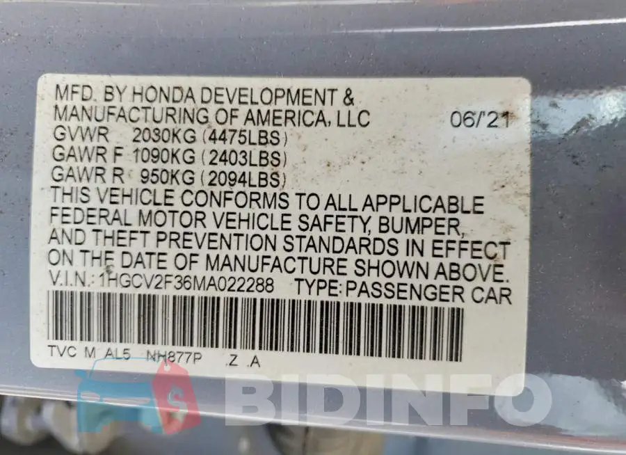 1HGCV2F36MA022288 Photo# 12