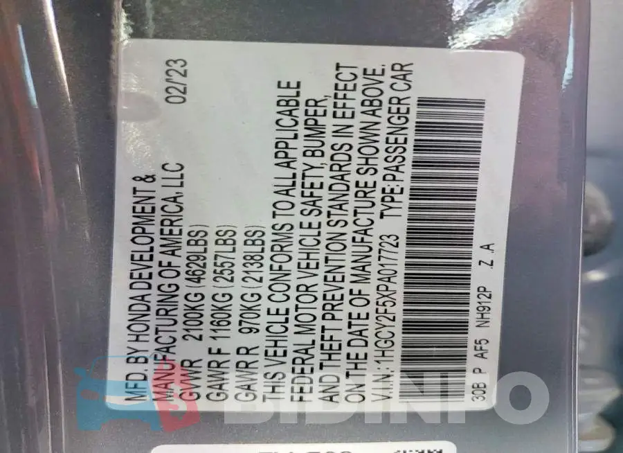 1HGCY2F5XPA017723 Photo# 14