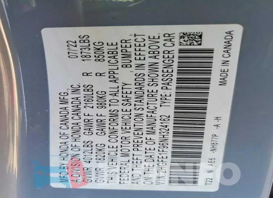2HGFE1F96NH324162 Photo# 12