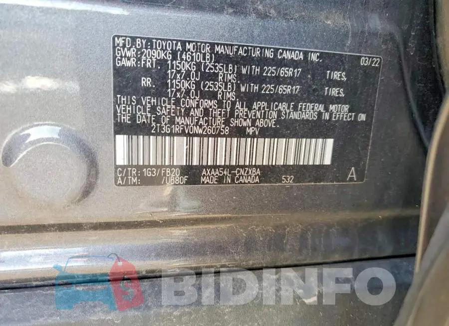 2T3G1RFV0NW260758 Photo# 13