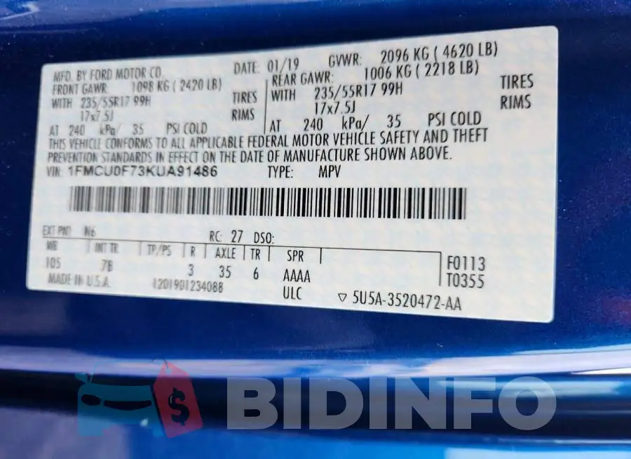 1FMCU0F73KUA91486 Photo# 14