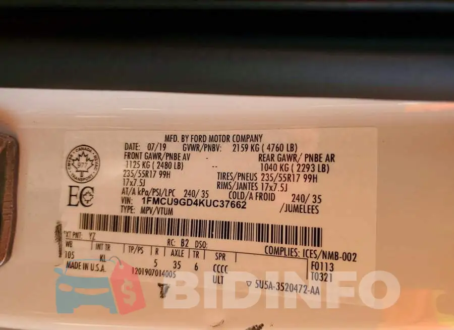 1FMCU9GD4KUC37662 Photo# 13