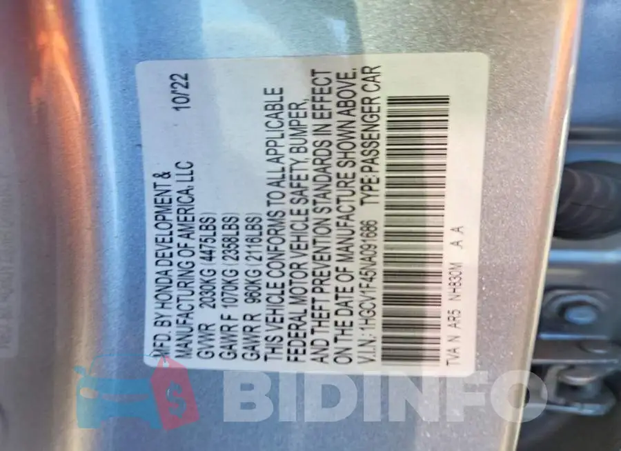 1HGCV1F45NA091686 Photo# 13