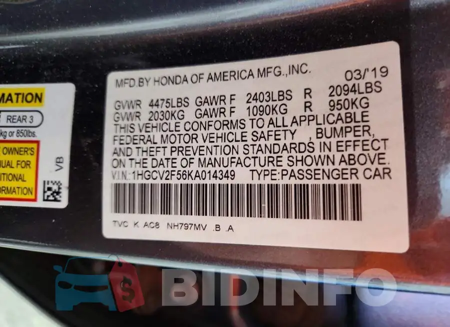 1HGCV2F56KA014349 Photo# 12