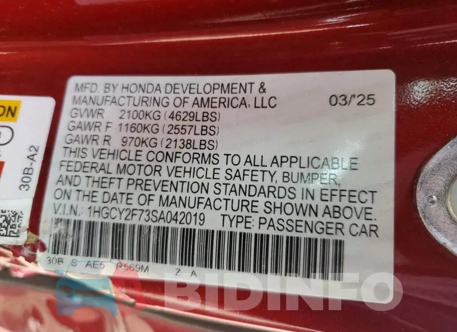 1HGCY2F73SA042019 Photo# 12