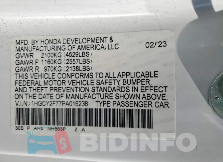 1HGCY2F77PA016238 Photo# 12
