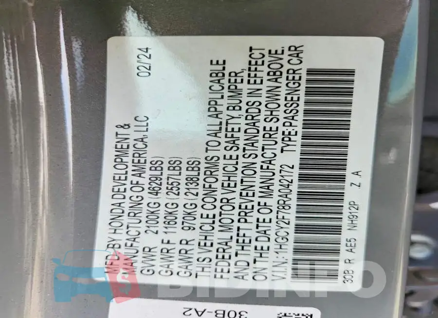 1HGCY2F78RA042172 Photo# 12