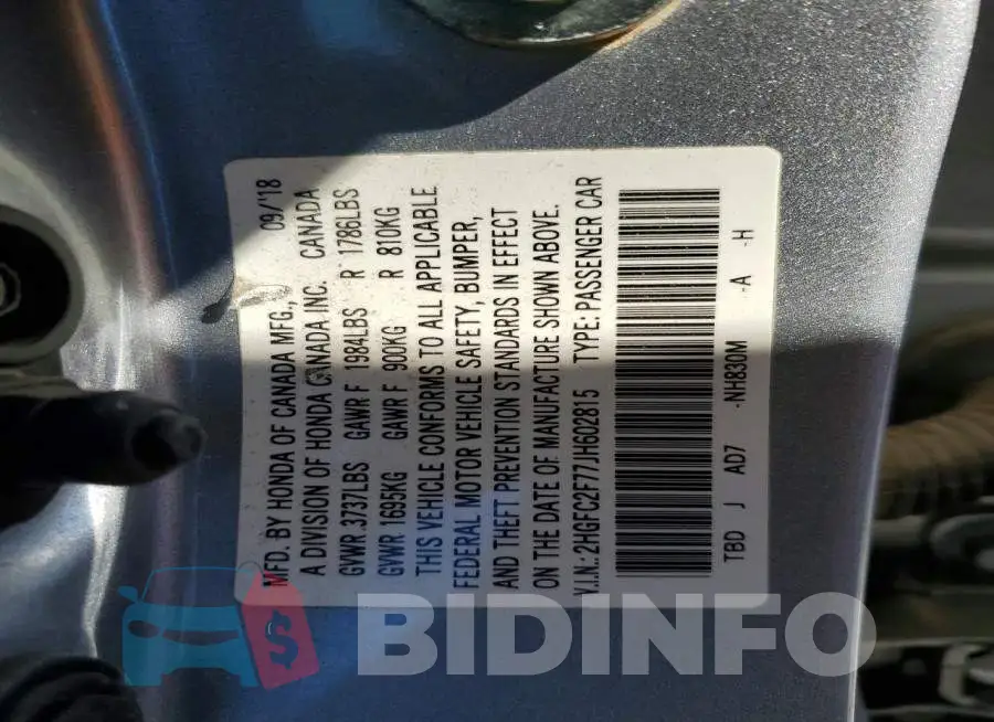 2HGFC2F77JH602815 Photo# 12