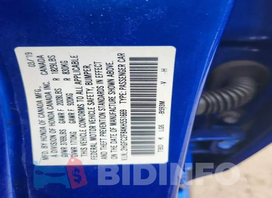 2HGFC2F84KH551669 Photo# 12