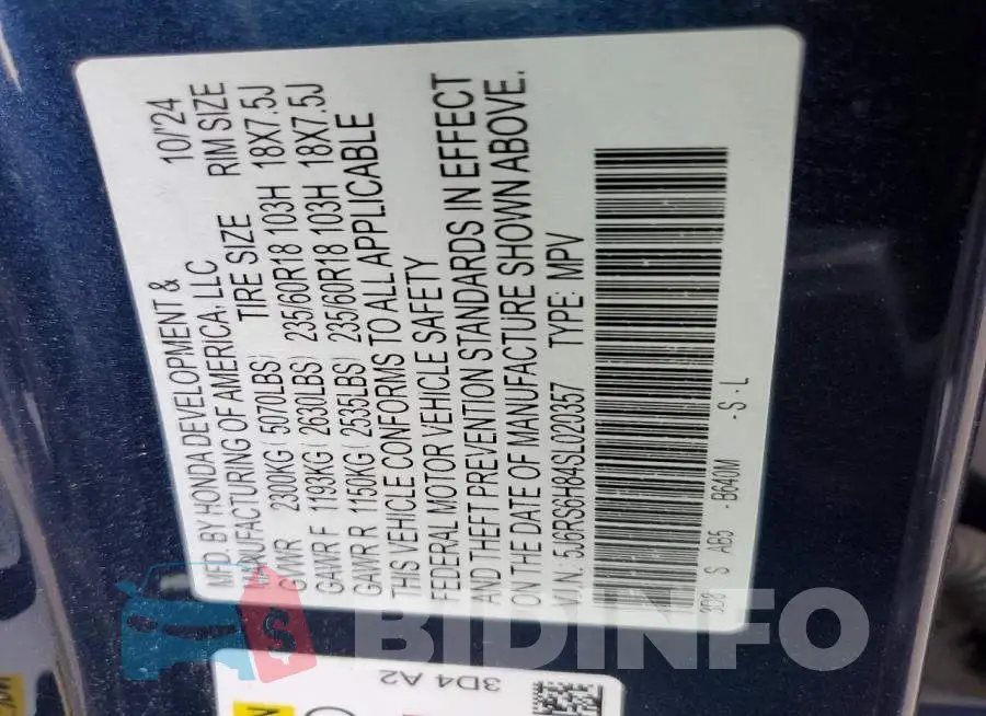 5J6RS6H84SL020357 Photo# 13
