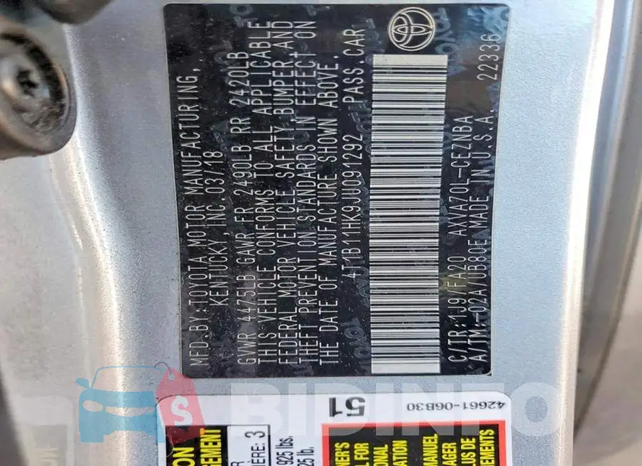 4T1B11HK9JU091292 Photo# 12