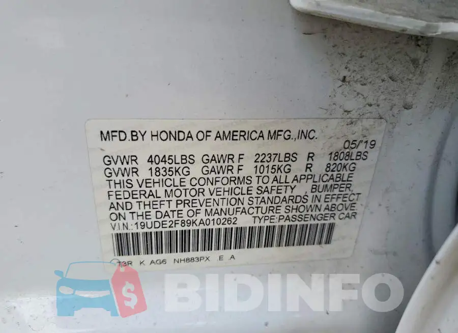 19UDE2F89KA010262 Photo# 12
