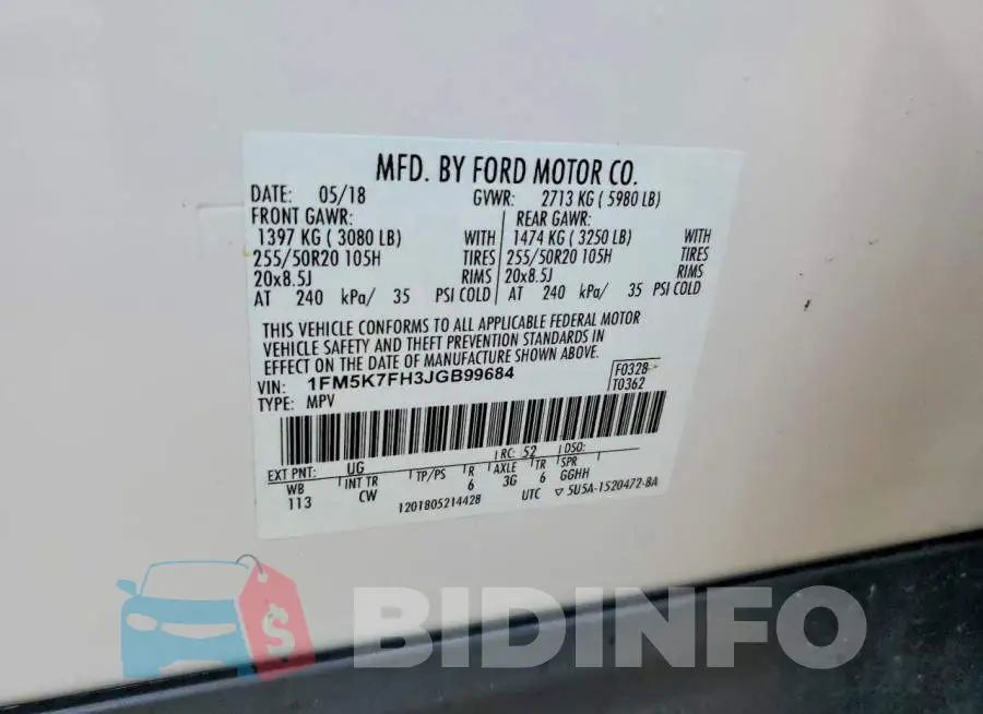 1FM5K7FH3JGB99684 Photo# 13