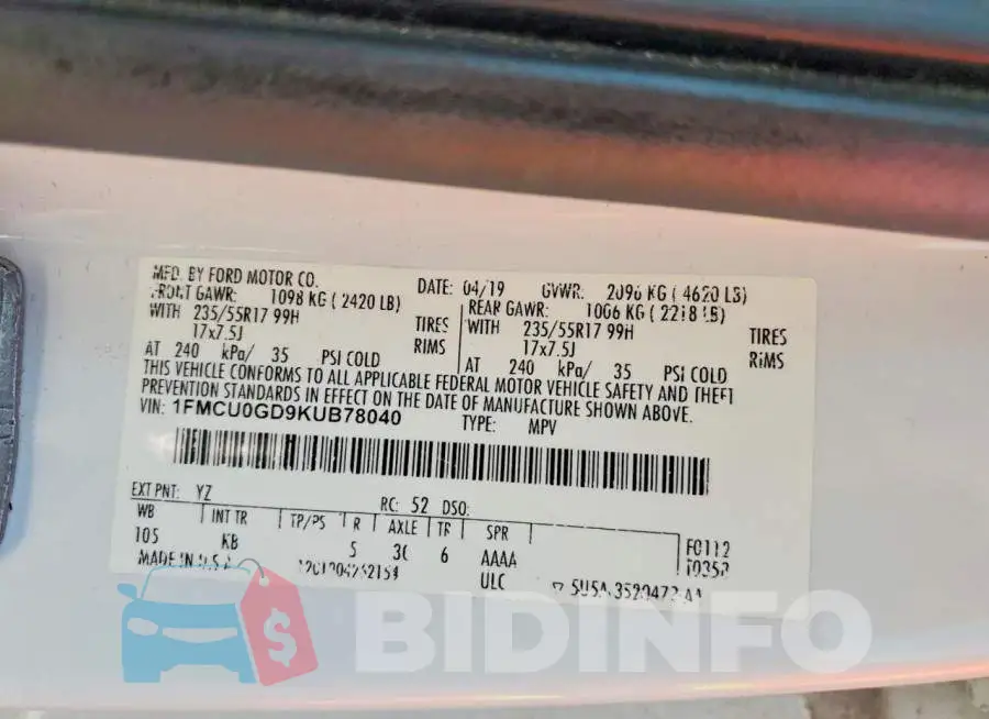 1FMCU0GD9KUB78040 Photo# 13