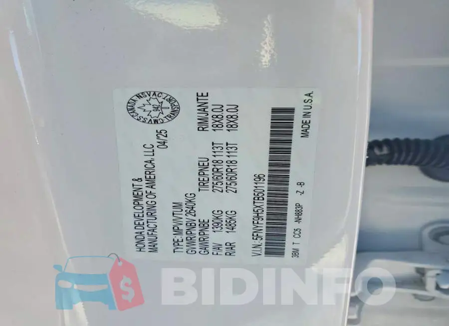 5FNYF9H5XTB501196 Photo# 14
